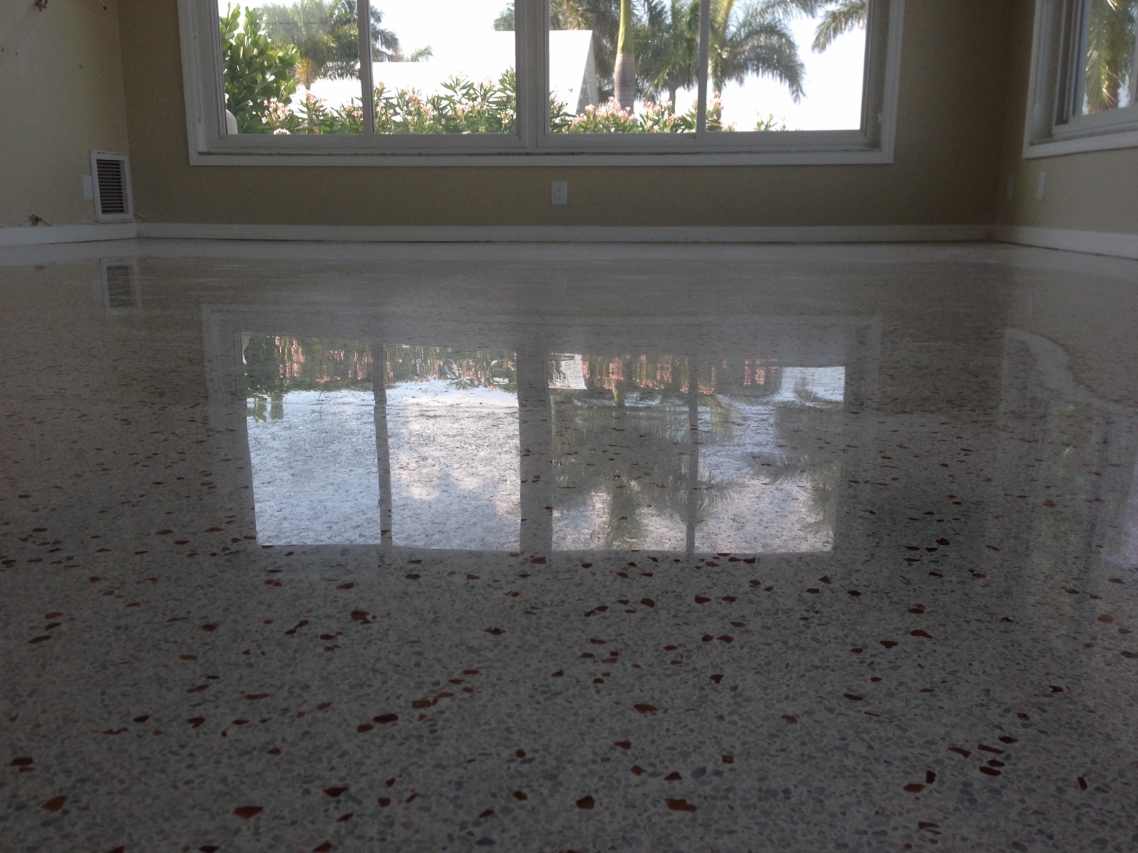 Polished terrazzo looking out a living room window in Bradenton