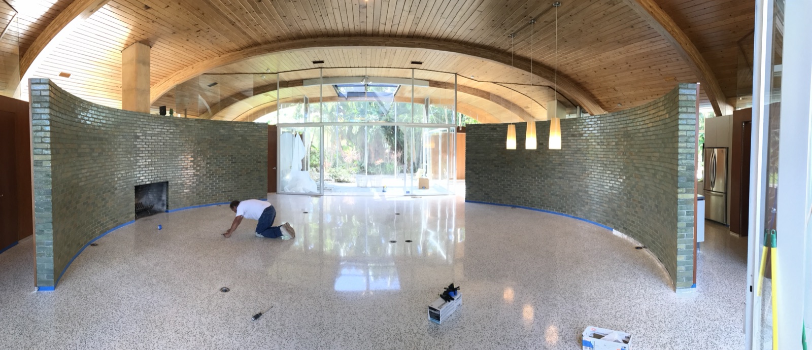 Polished terrazzo in the living room of The Herron House in Venice