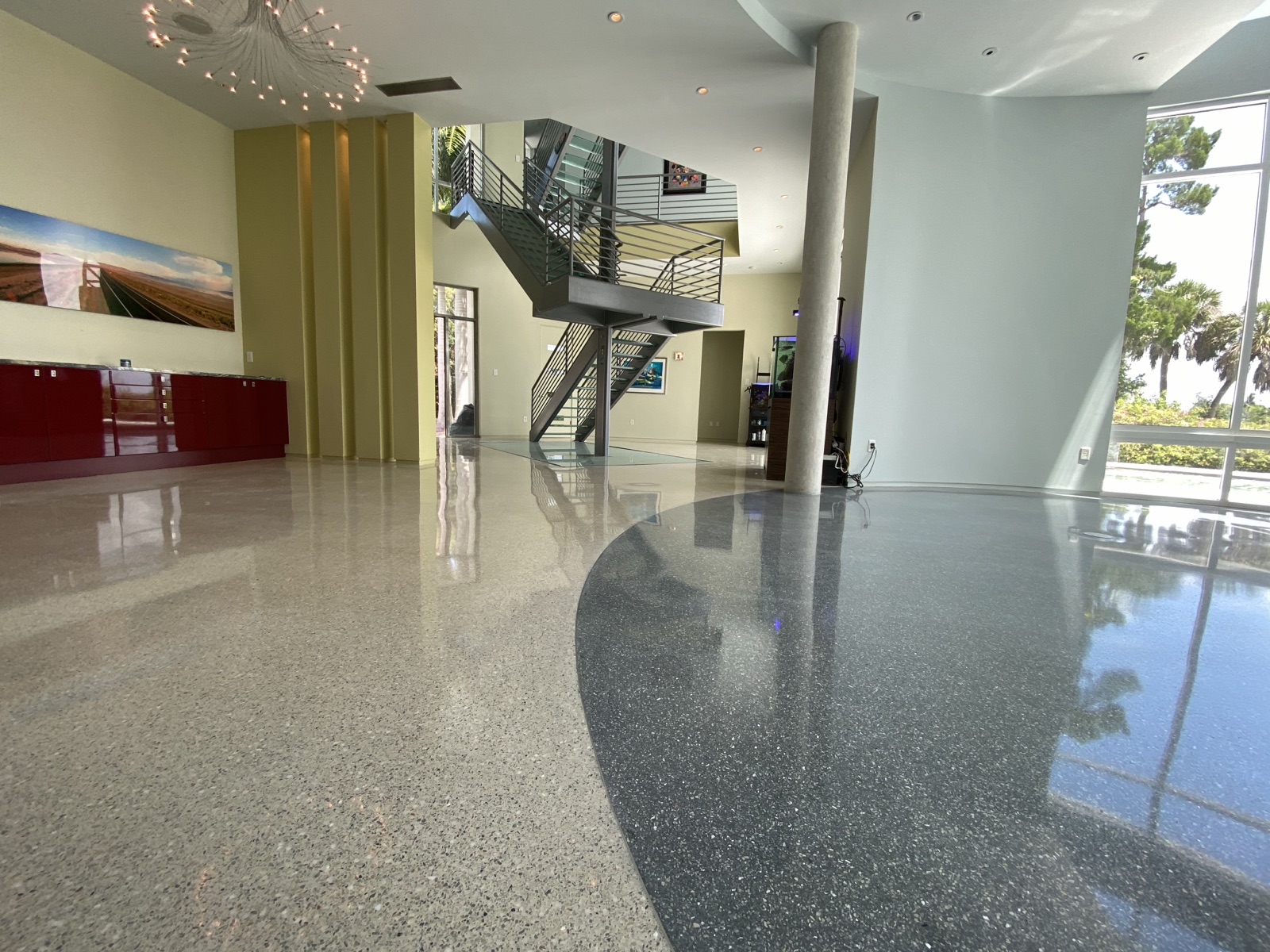 Polished terrazzo entryway with stairs on Siesta Key