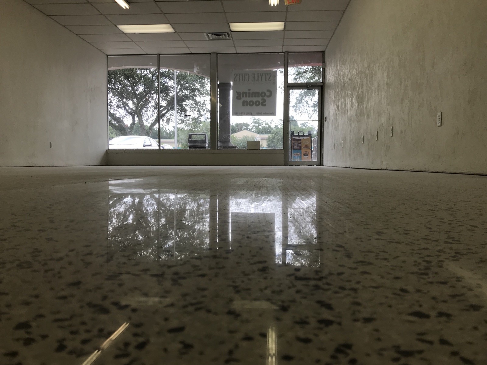 Polished terrazzo in a vacant storefront in Gainesville