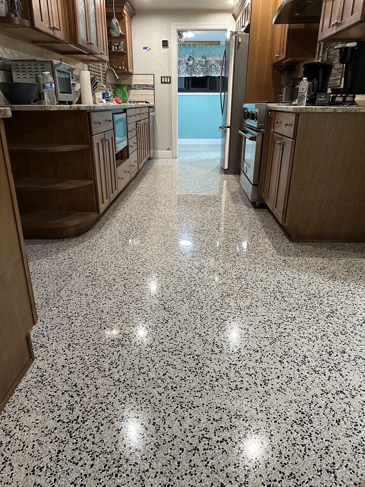 Polished terrazzo in a kitchen.